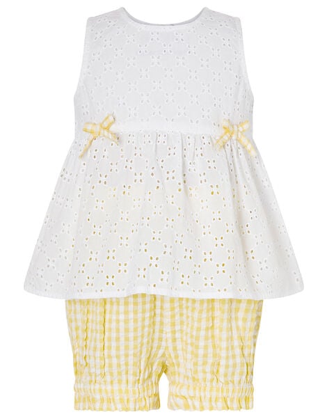 Baby Broderie Top and Gingham Shorts Set Yellow, Yellow (YELLOW), large