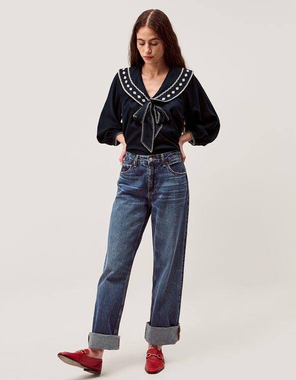 Lola Embroidered Sailor Collar Top, Blue (NAVY), large