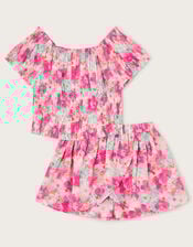 Tropical Floral Shirred Top and Skort Set, Pink (PINK), large
