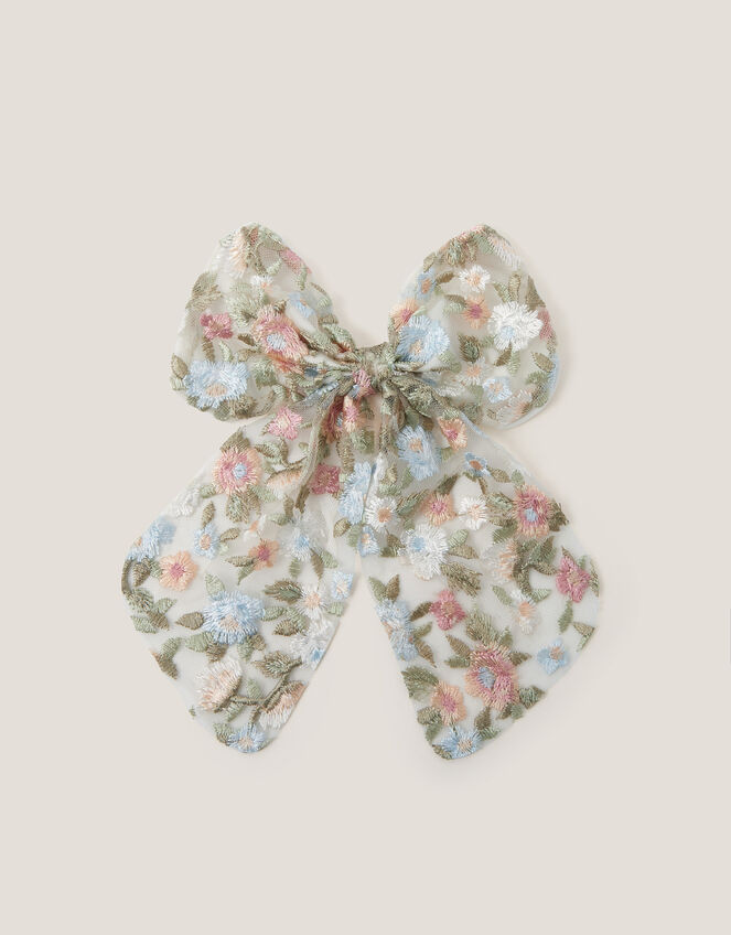 Azalea Floral Embroidered Bow Hair Clip, , large