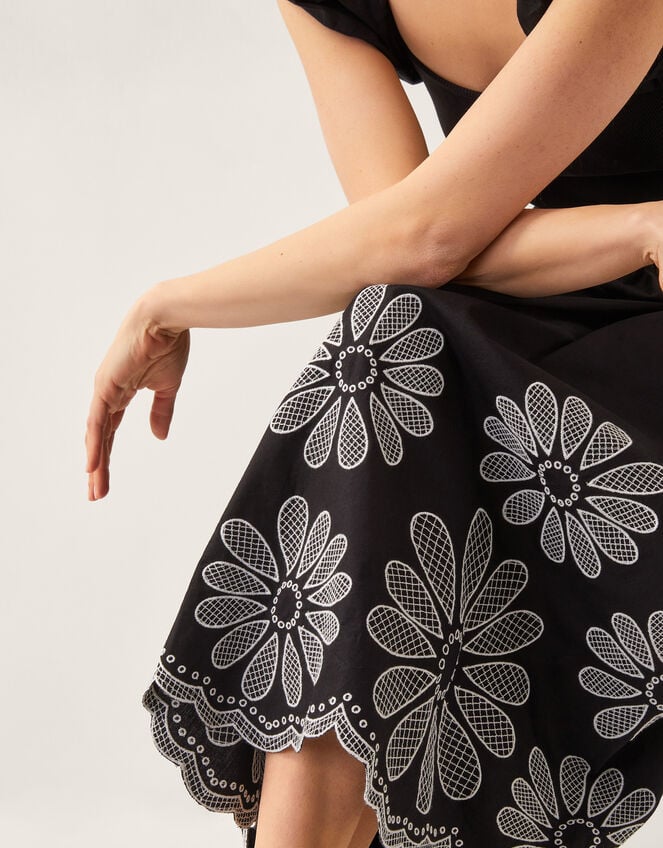 Ella Frill Floral Embroidered Midi Dress, Black (BLACK), large