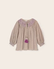 East Alina Floral Printed Smocking Top, Brown (BROWN), large