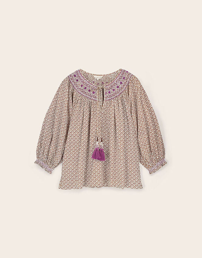 East Alina Floral Printed Smocking Top, Brown (BROWN), large
