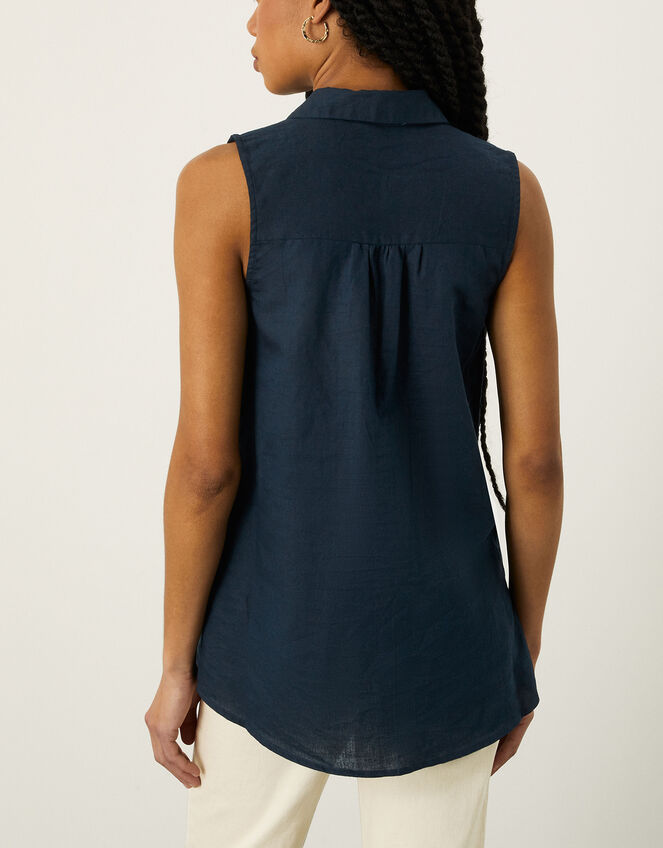 Sleeveless Longline Tunic Shirt in Linen Blend, Blue (NAVY), large