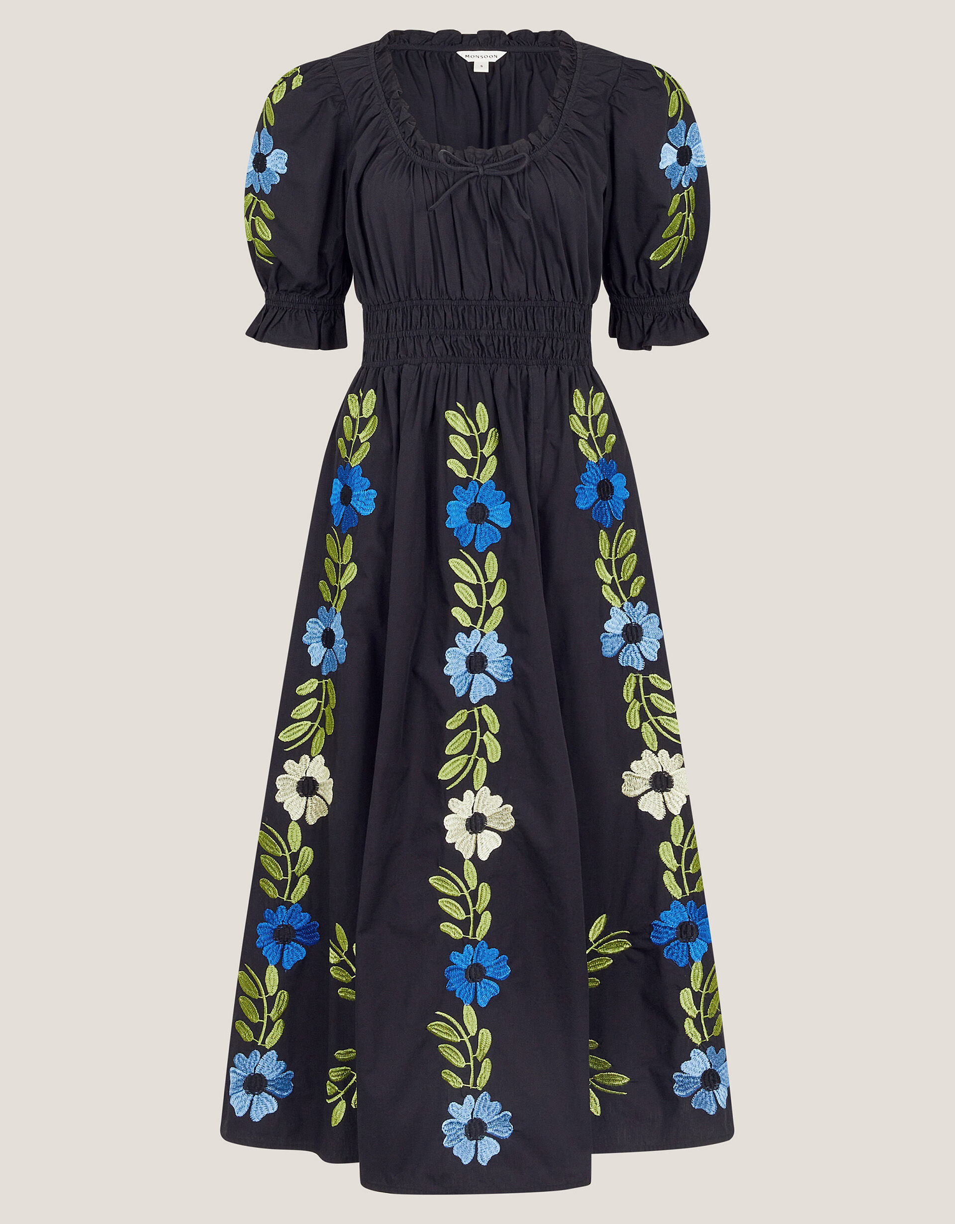 Shona Embroidered Puff-Sleeve Midi Dress Black