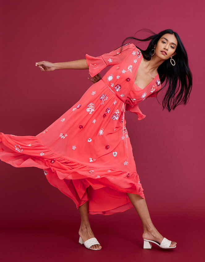 Aimee Embellished Wrap Dress in Recycled Polyester, Orange (PEACH), large