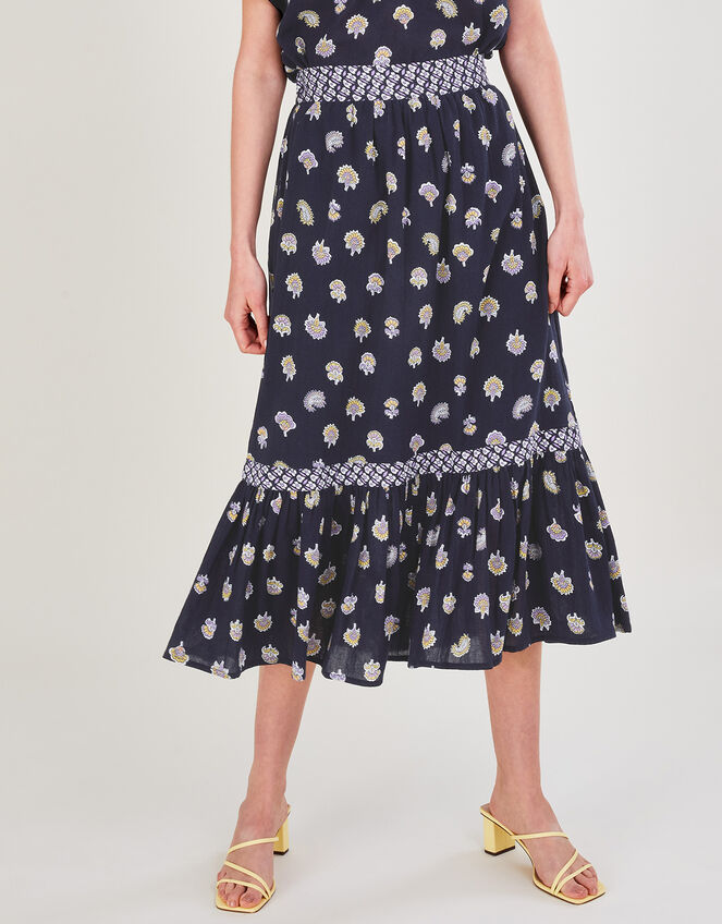 Floral Print Midi Skirt in Sustainable Cotton, Blue (NAVY), large