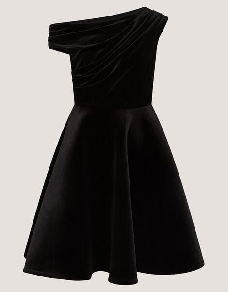 One-Shoulder Velvet Skater Dress, Black (BLACK), large