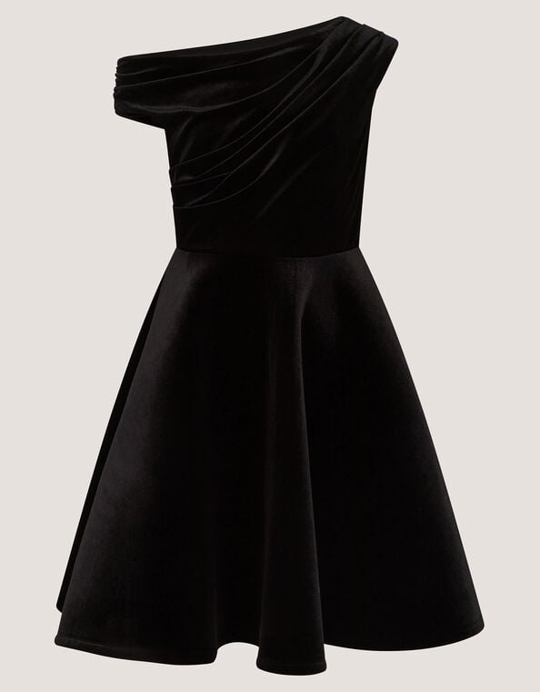 One-Shoulder Velvet Skater Dress, Black (BLACK), large