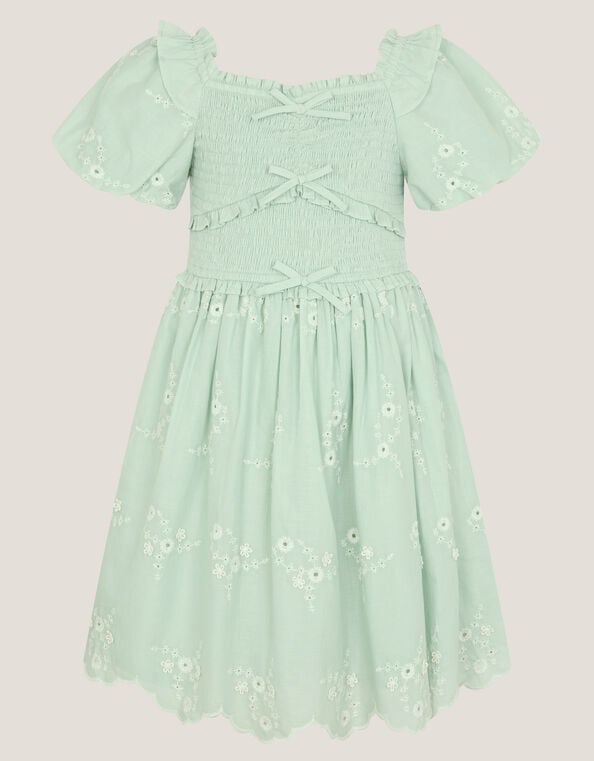 Embroidered Puff Sleeve Smocked Dress, Green (GREEN), large