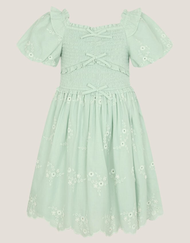 Embroidered Puff Sleeve Smocked Dress, Green (GREEN), large