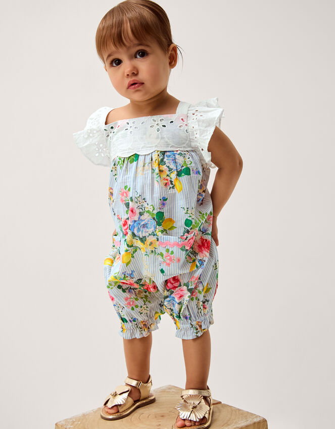 Baby Broderie Floral Stripe Romper, Blue (BLUE), large