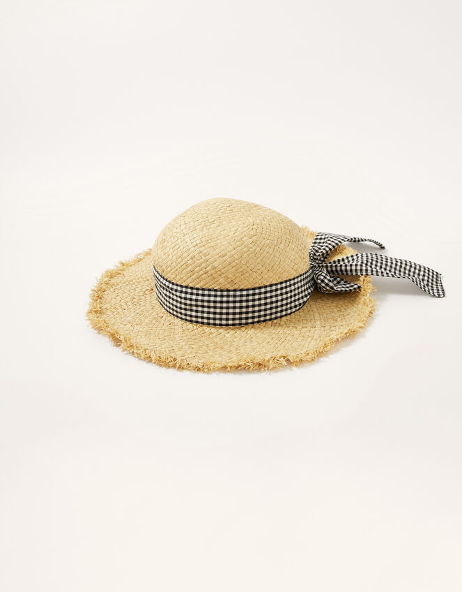 Gingham Bow Floppy Hat, Natural (NATURAL), large