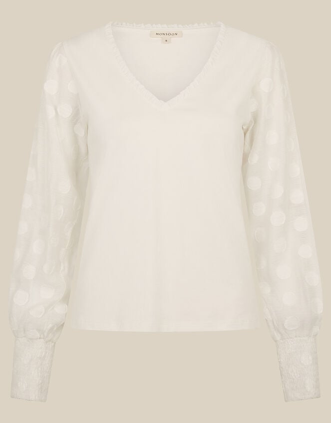 Ferne V-Neck Polka Dot Top, Ivory (IVORY), large