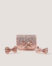 Glitter Bow Bag & Hair Clips Set, , large