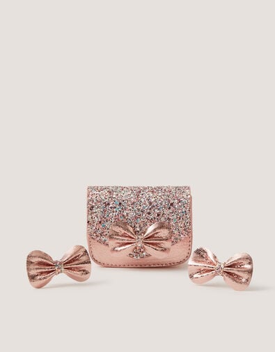 Glitter Bow Bag & Hair Clips Set, , large