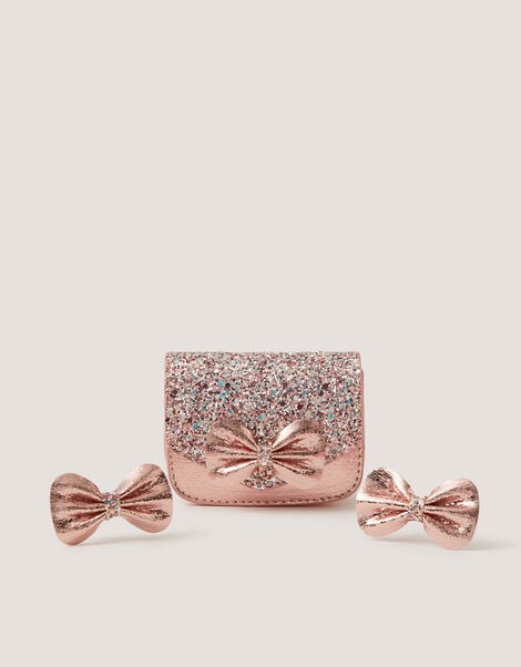 Glitter Bow Bag & Hair Clips Set, , large