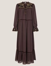 Nova Embroidered Yoke Chiffon Maxi Dress, Brown (CHOCOLATE), large