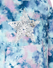 Tie Dye Print Sequin Star Hoodie, Blue (BLUE), large