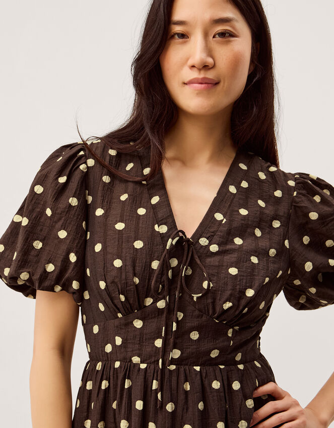 Paris Puff Sleeve Polka Dot Midi Dress, Brown (CHOCOLATE), large