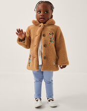 Baby Embroidered Floral Borg Coat, Camel (CAMEL), large