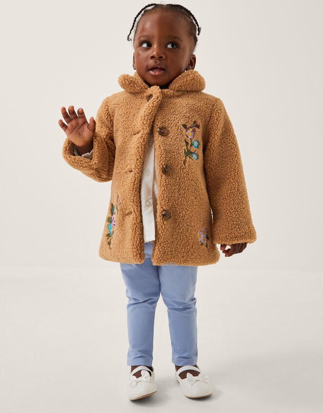 Baby Embroidered Floral Borg Coat, Camel (CAMEL), large