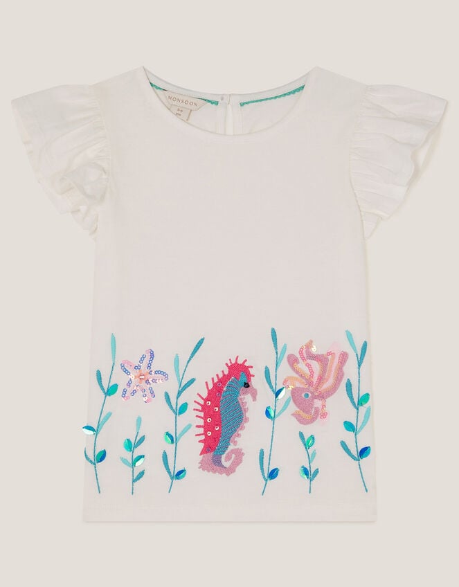 Sea Life Embellished Jersey T-Shirt, Ivory (IVORY), large