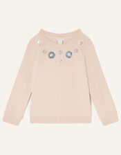 Flower Gem Embellished Neckline Sweatshirt , Pink (PINK), large