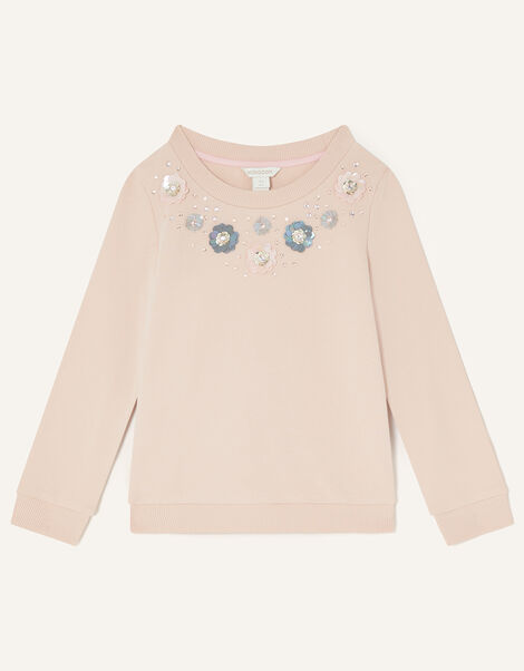 Flower Gem Embellished Neckline Sweatshirt  Pink, Pink (PINK), large