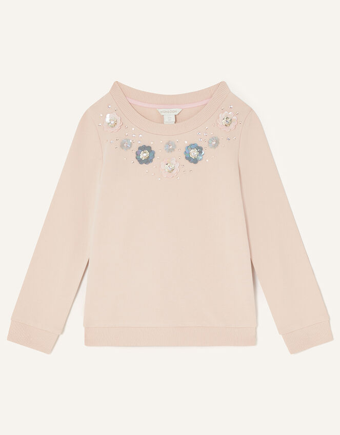 Flower Gem Embellished Neckline Sweatshirt , Pink (PINK), large