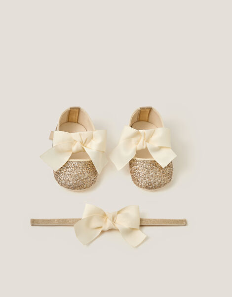 Baby Bow Glitter Headband & Booties Set, Gold (GOLD), large