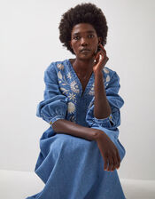 East Floral Embroidered Denim Midi Dress, Blue (BLUE), large
