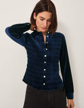 Sam Smocked Velvet Shirt, Blue (MIDNIGHT), large