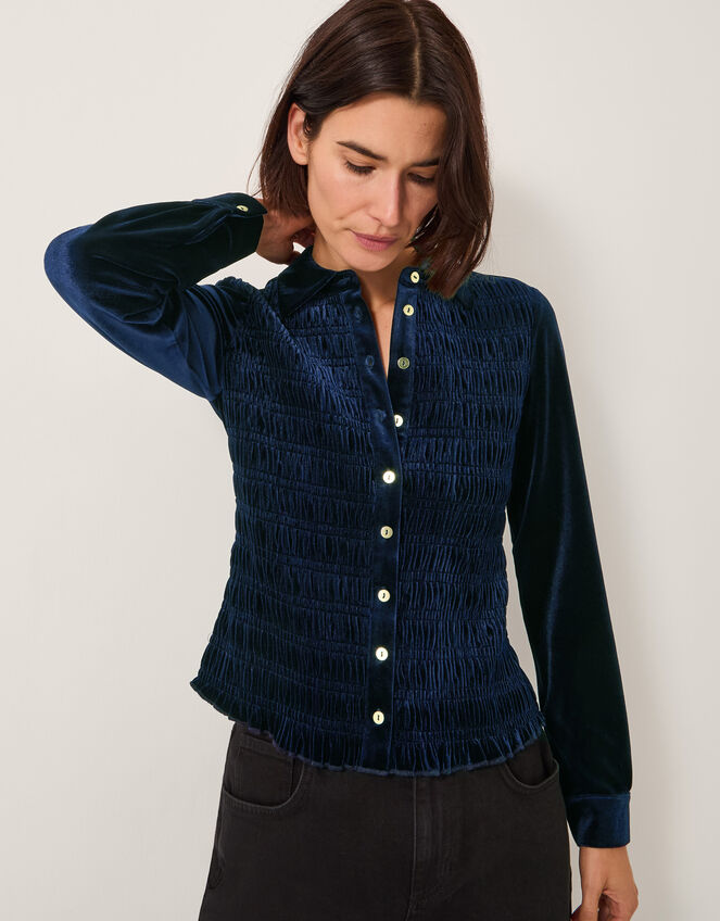 Sam Smocked Velvet Shirt, Blue (MIDNIGHT), large