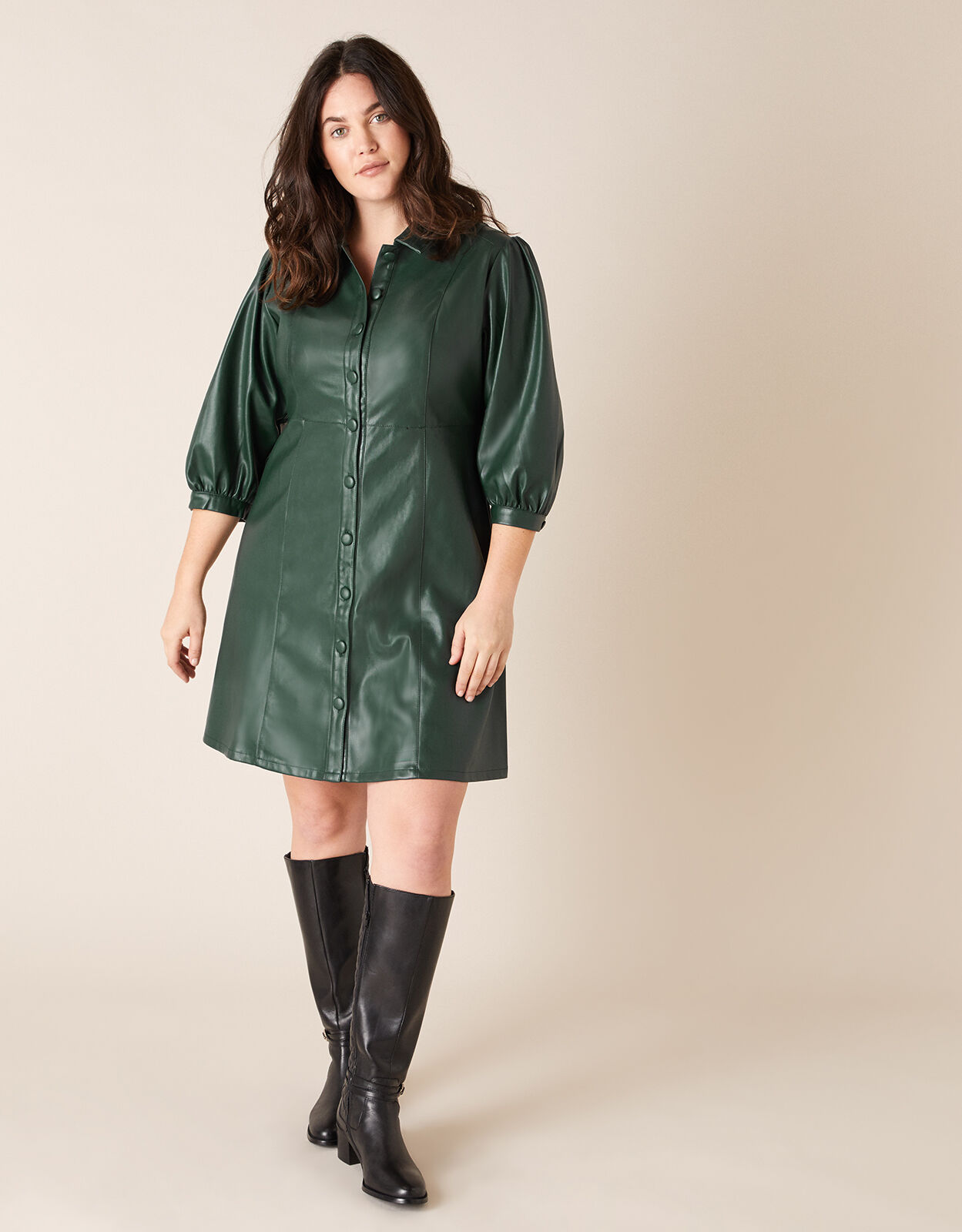 Leather-Look Puff Sleeve Dress Green