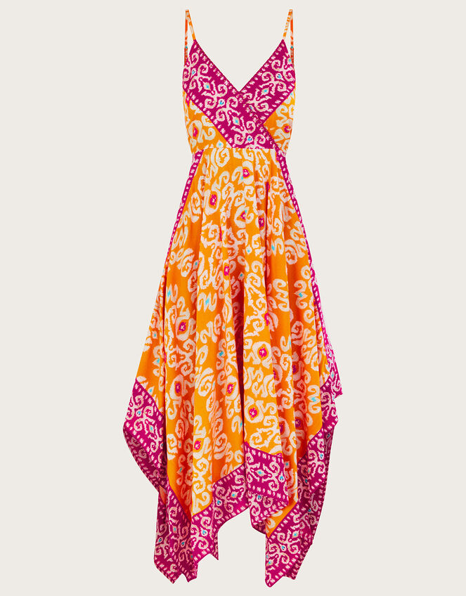 Bandhani Print Hanky Hem Midi Dress in LENZING™ ECOVERO™ , Orange (ORANGE), large