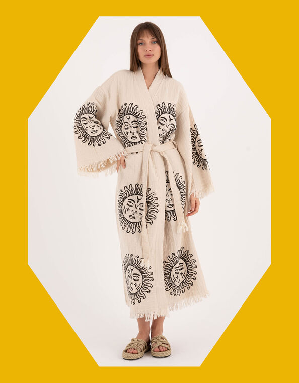 Meraki Beach Sun Woodblock Print Kimono, , large