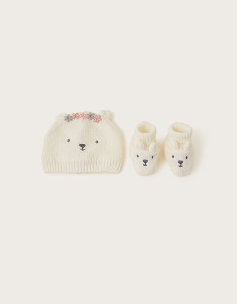 Newborn Bear Embroidered Hat and Booties Set, , large