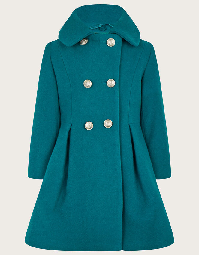 Double Breasted Skirted Coat with Faux Fur Collar, Teal (TEAL), large