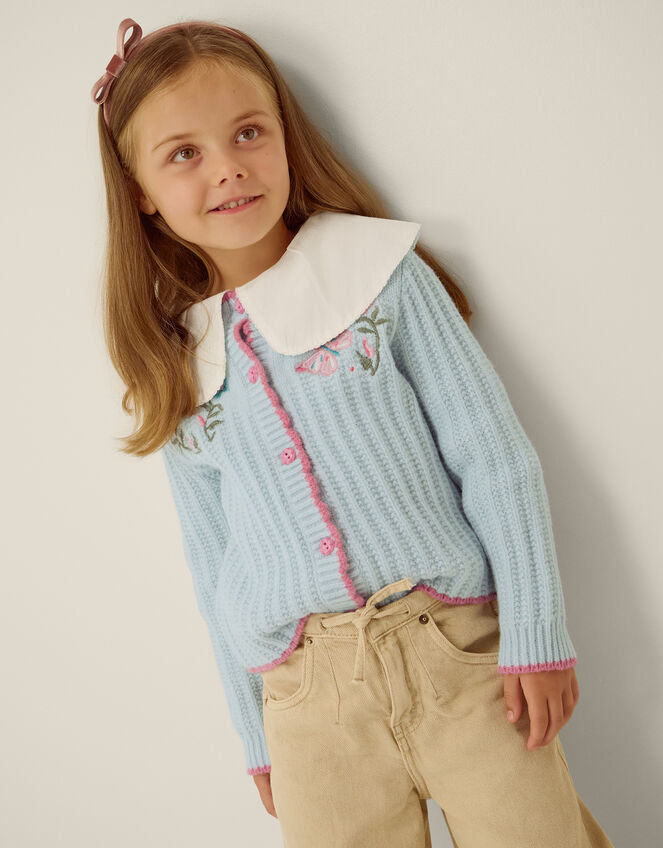 Butterfly Embroidered Knit Cardigan, Blue (BLUE), large