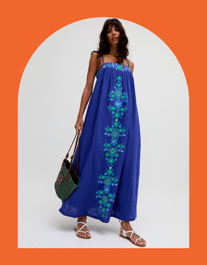 Raffya Thea Embroidered Maxi Dress, Blue (BLUE), large