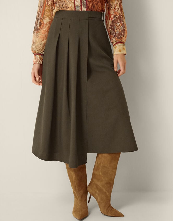 Jillian Kilt Midi Skirt, Green (KHAKI), large