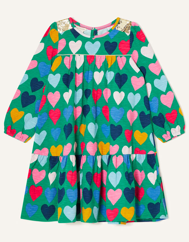 Sequin Shoulder Heart Print Dress, Green (GREEN), large