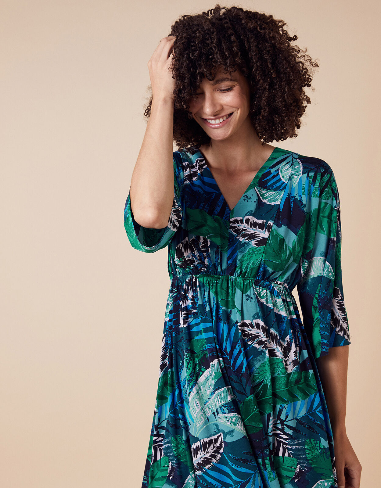Sandra Palm Print Jersey Midi Dress Multi