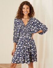 Floral Print Shirred Jersey Dress, Blue (NAVY), large