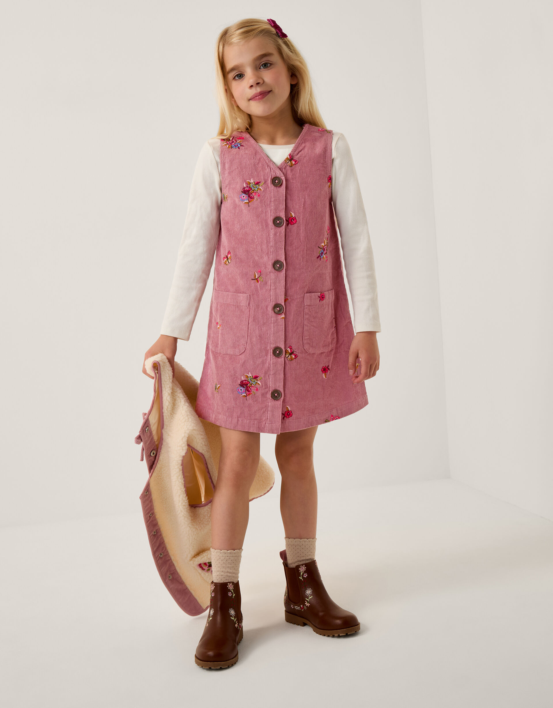 Embroidered Corduroy Pinafore Dress Pink