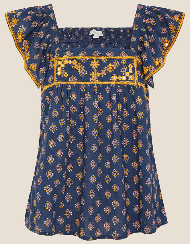 Embroidered Geo Print Top, Blue (BLUE), large