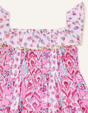 Baby Aztec Shirred Frill Dress , Pink (PINK), large