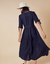 Puff Sleeve Midi Dress in Linen Blend, Blue (NAVY), large