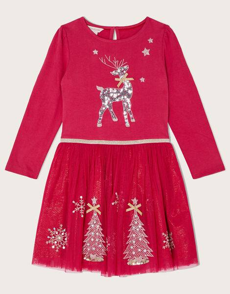 Christmas Reindeer Long Sleeve Disco Dress Red, Red (RED), large